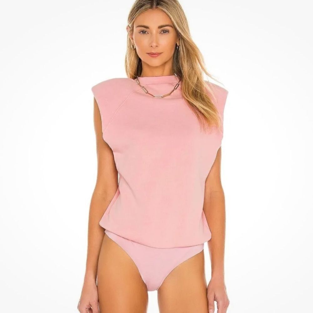 JONATHAN SIMKHAI Standard Channing Shoulder Pad Bodysuit Pink Guava Size S